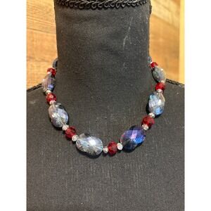 Vintage Silver Tone Chunky Faceted Blue and Red Bead Statement Necklace 17 Inch